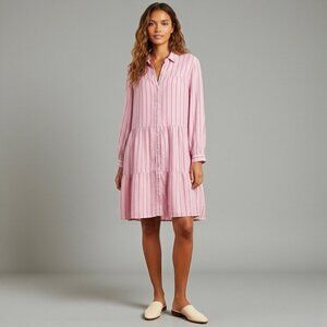 J. Jill Love 100% Linen Tiered Shirt Dress SZ L Pink Striped Preppy Feminine